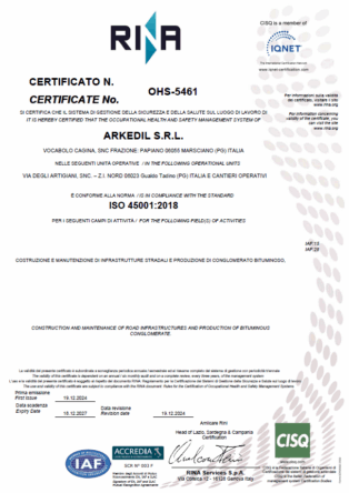 Certificato ISO 45001 Arkedil Srl